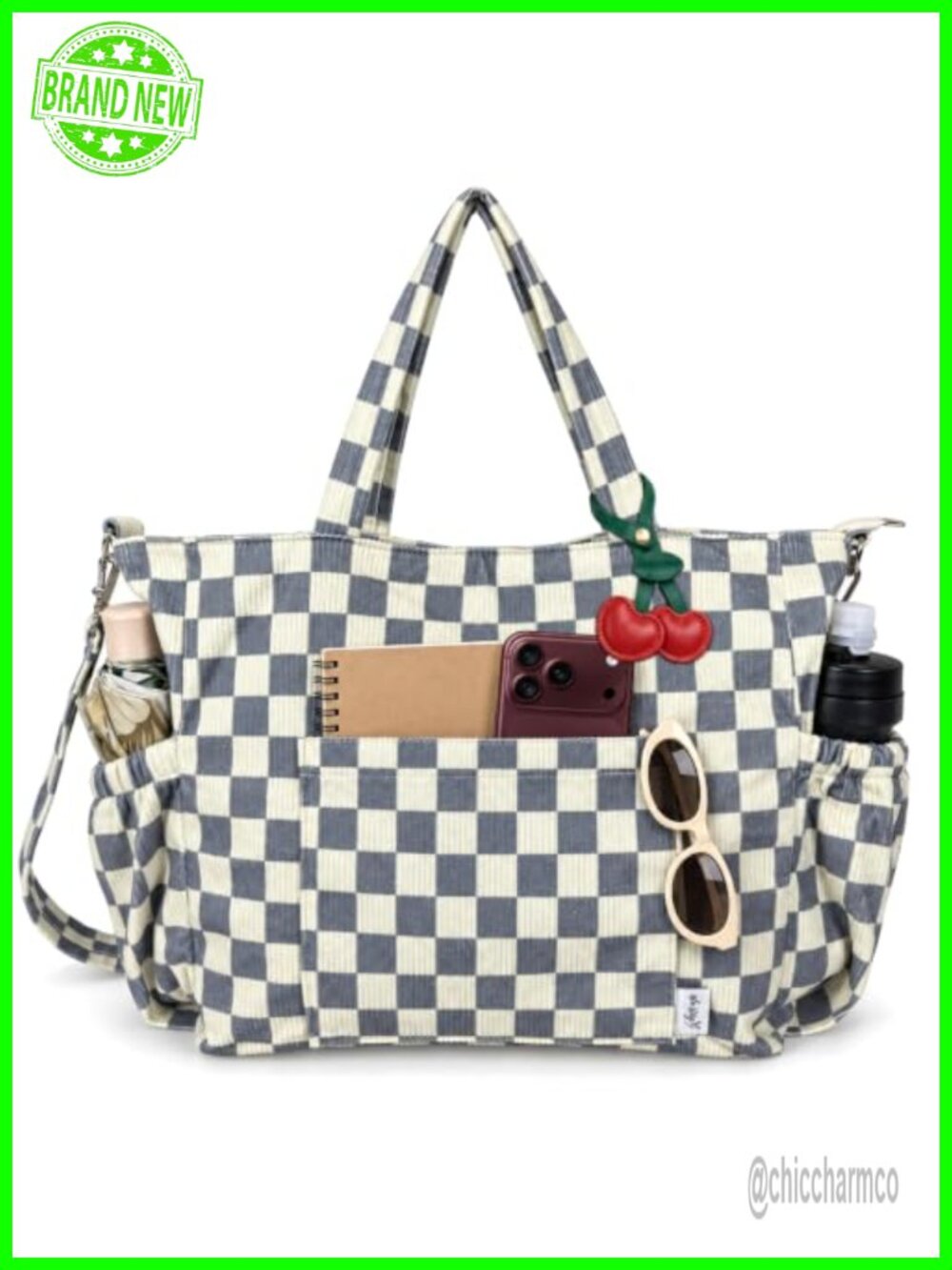 Corduroy Tote Bag Multi-Pocket Adjustable Strap Work Travel